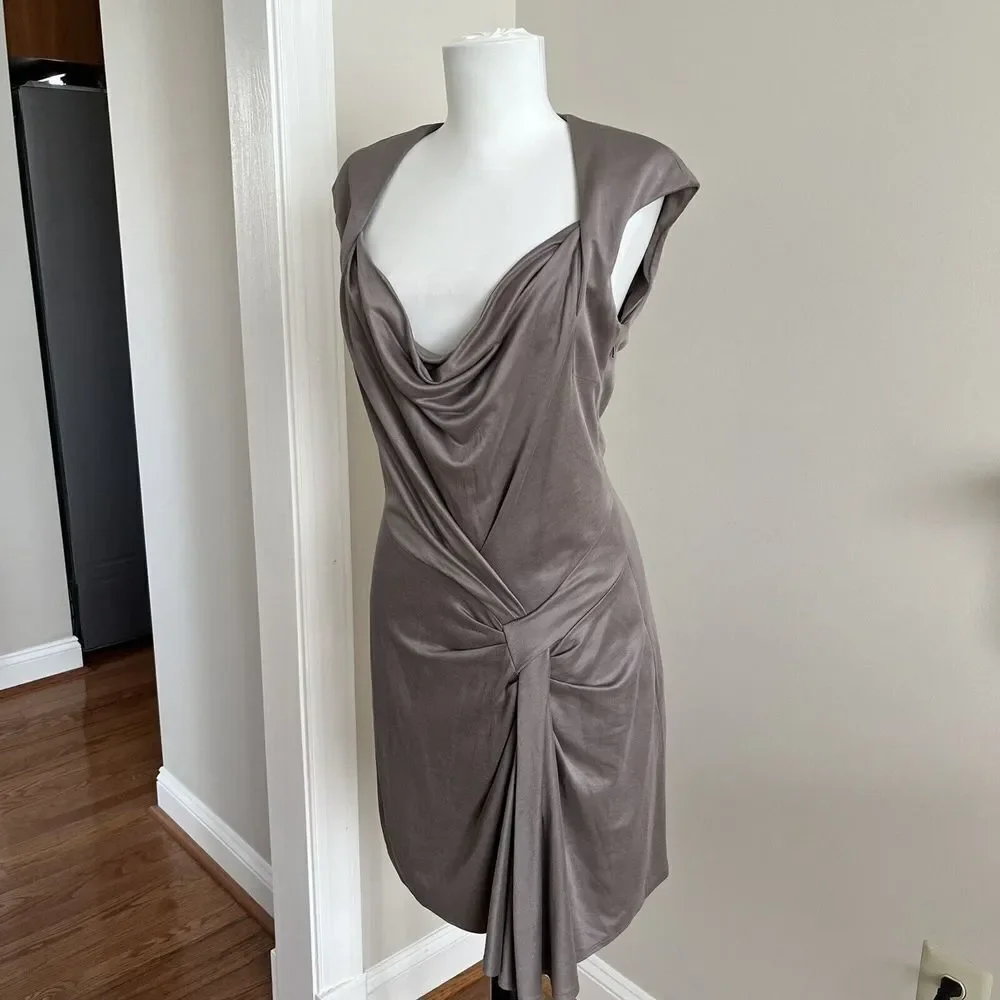 Karen Millen Taupe Brown Cap Sleeve Sheath Dress Size 8 EU 40 Faux Wrap - Picture 5 of 10
